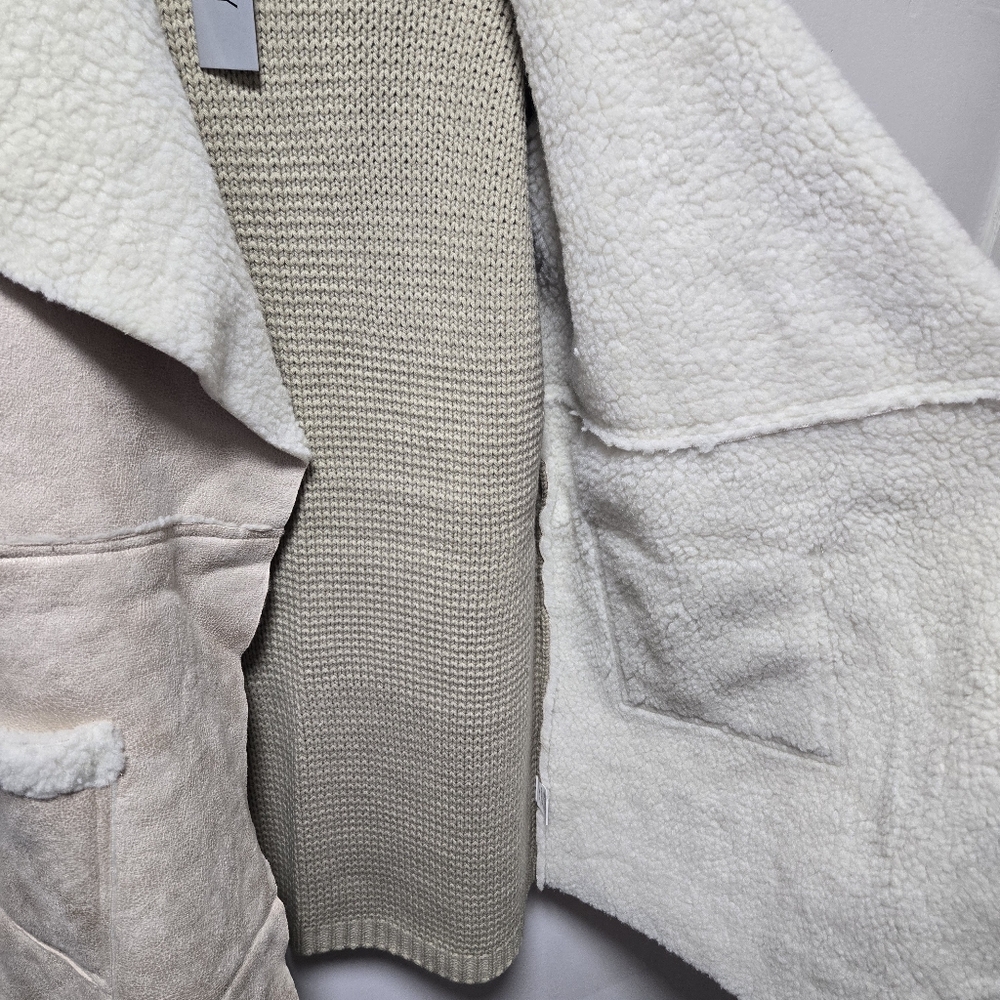 NWT WD.NY Duster Jacket Beige Cardigan Size Large Faux Sherpa Cream Tan Fall - Picture 5 of 10